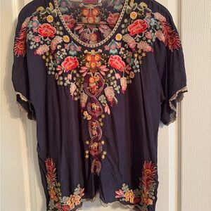 Johnny Was Grey Embellished Blouse with Orange Accents